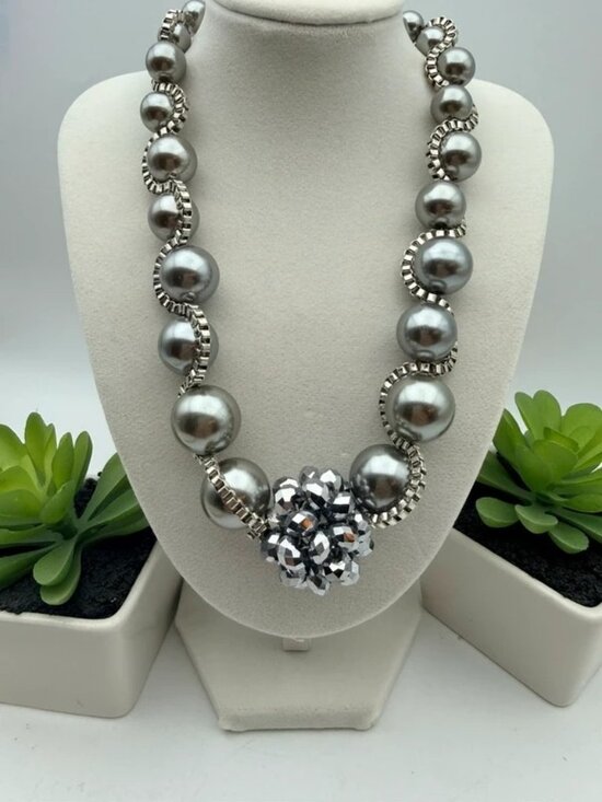 C&J Jewelry - Statement Necklace Gray Faux Pearl Silver Tone Crystal Cluster Fashion Jewelry